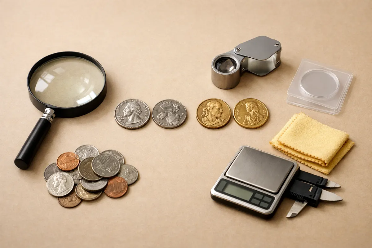 Coin Identifier - Coinora educational checklist showing visual coin detection clues, lookalike warning labels, and verification steps