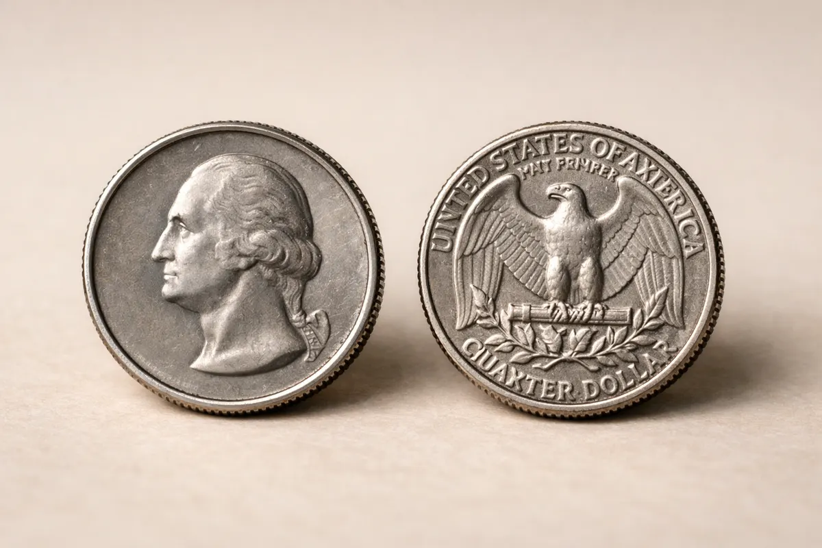 Coin front and back close-up with arrows pointing to date, mint mark, rim, and inscription areas.