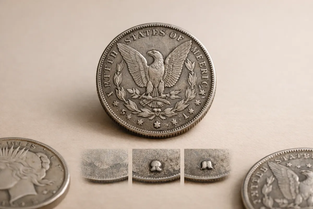 Editorial checklist image for silver dollar mint marks showing visible clues and comparison notes.