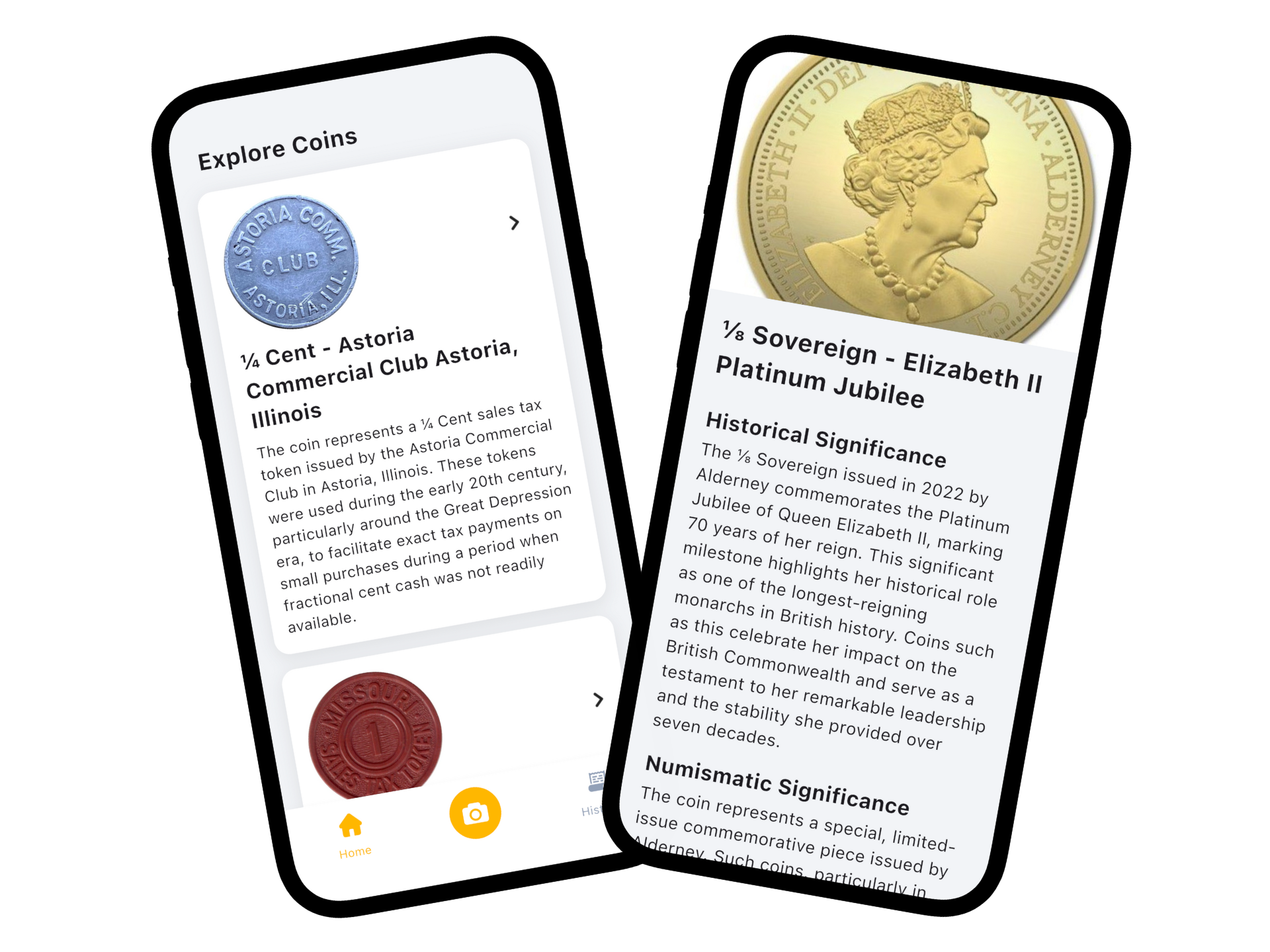 Coin identification app interface showing coin identification features